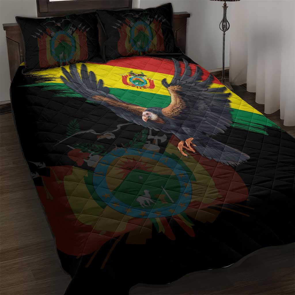 Black quilted comforter with flag-and-condor print, plus matching pillows