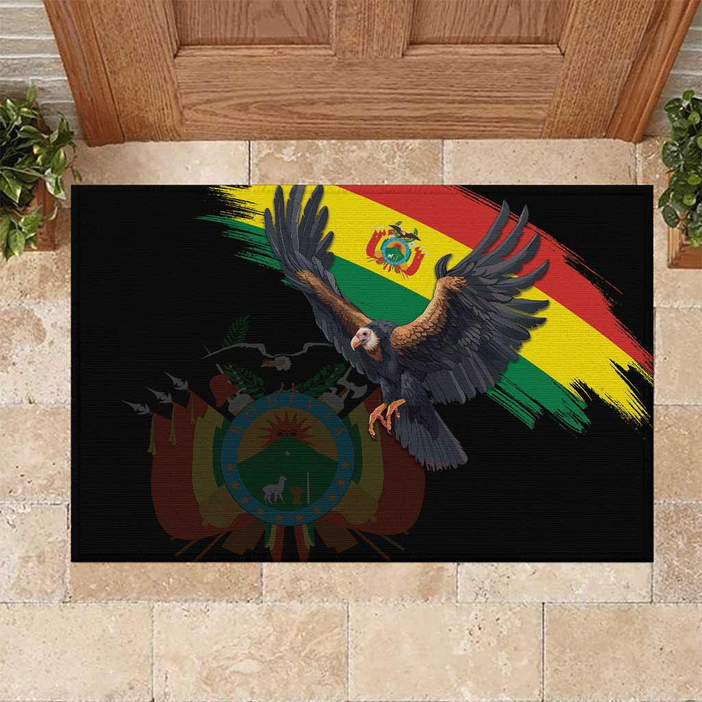 Black rubber doormat with colorful Andean flag and flying condor graphic