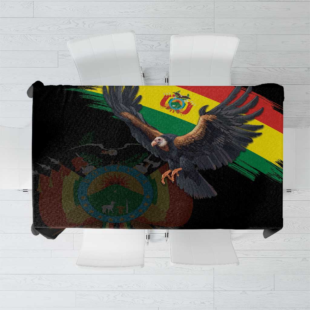 Black tablecloth with colorful Andean condor and grunge flag motif, rectangular.