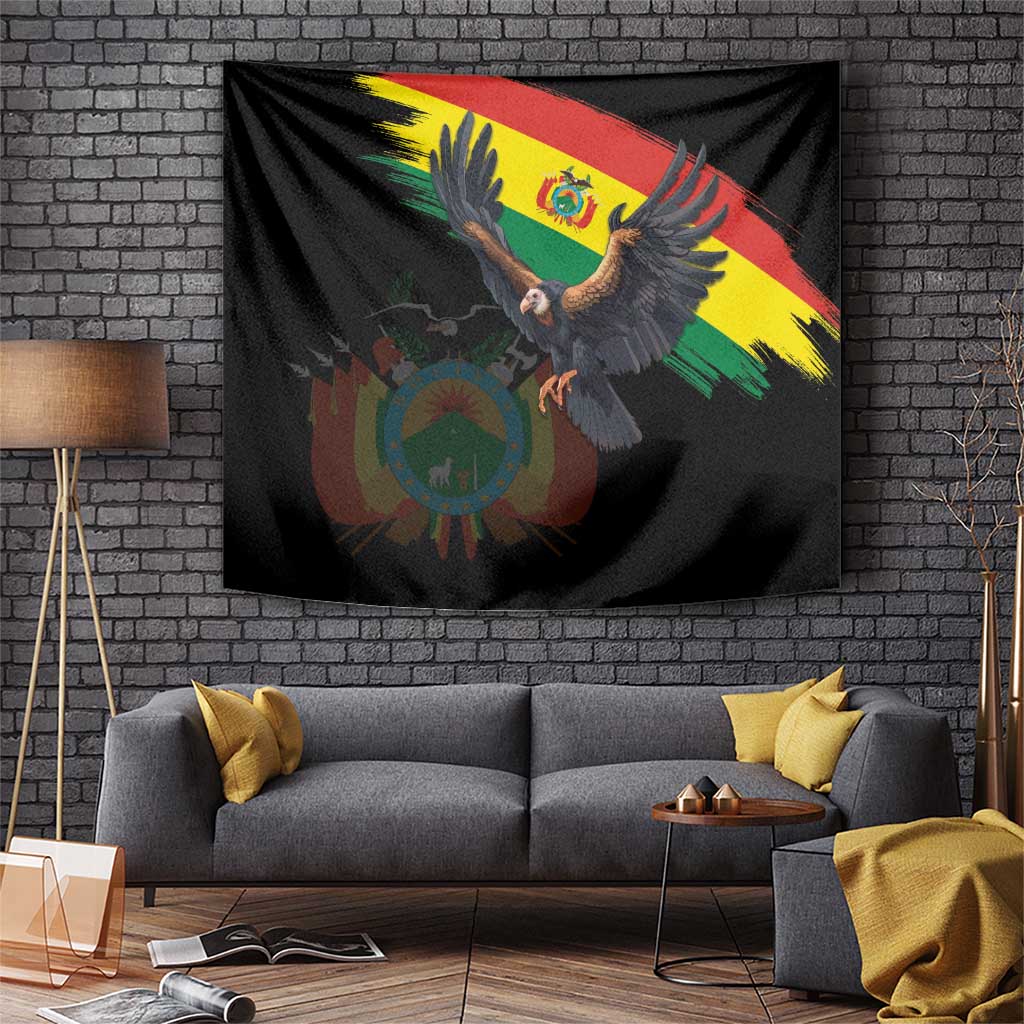 Wall-hanging black tapestry with Andean condor and Bolivia flag grunge motif
