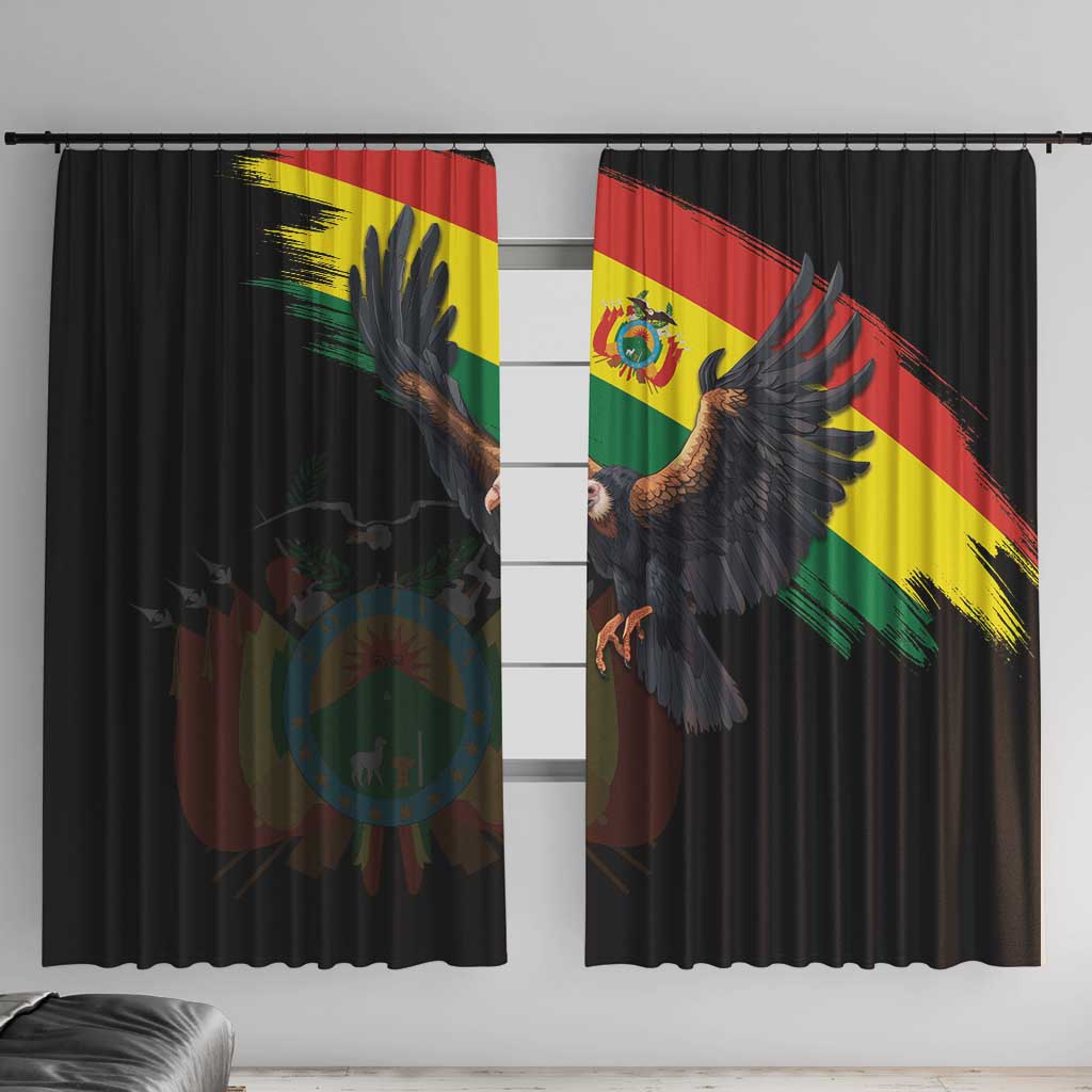 Black window curtain set with Andean condor and Bolivia flag grunge motif, two panels