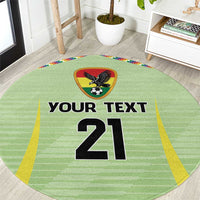 Green round sports carpet with eagle soccer crest and customizable 'YOUR TEXT 21' print