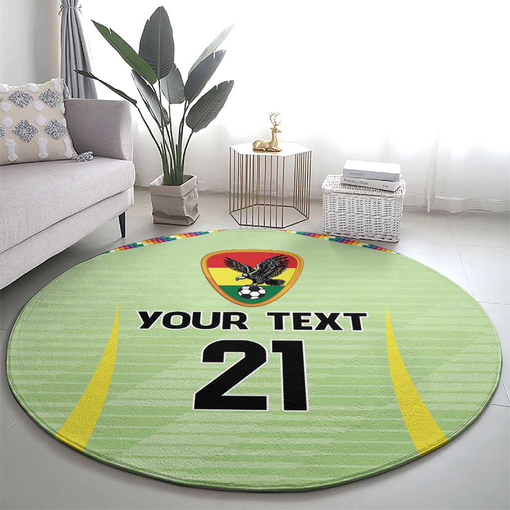 Round green rug with eagle soccer badge and 'YOUR TEXT 21' numerals, yellow edge trim