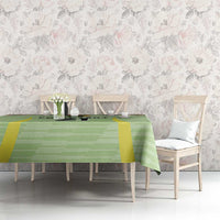 Green soccer tablecloth with Wiphala-style multicolor stripes and yellow block accents