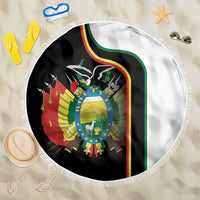 Round beach blanket with country crest graphic and white fringe border, black print center