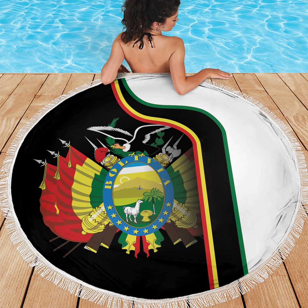 Round beach blanket with country crest graphic, white fringed border and black printed center