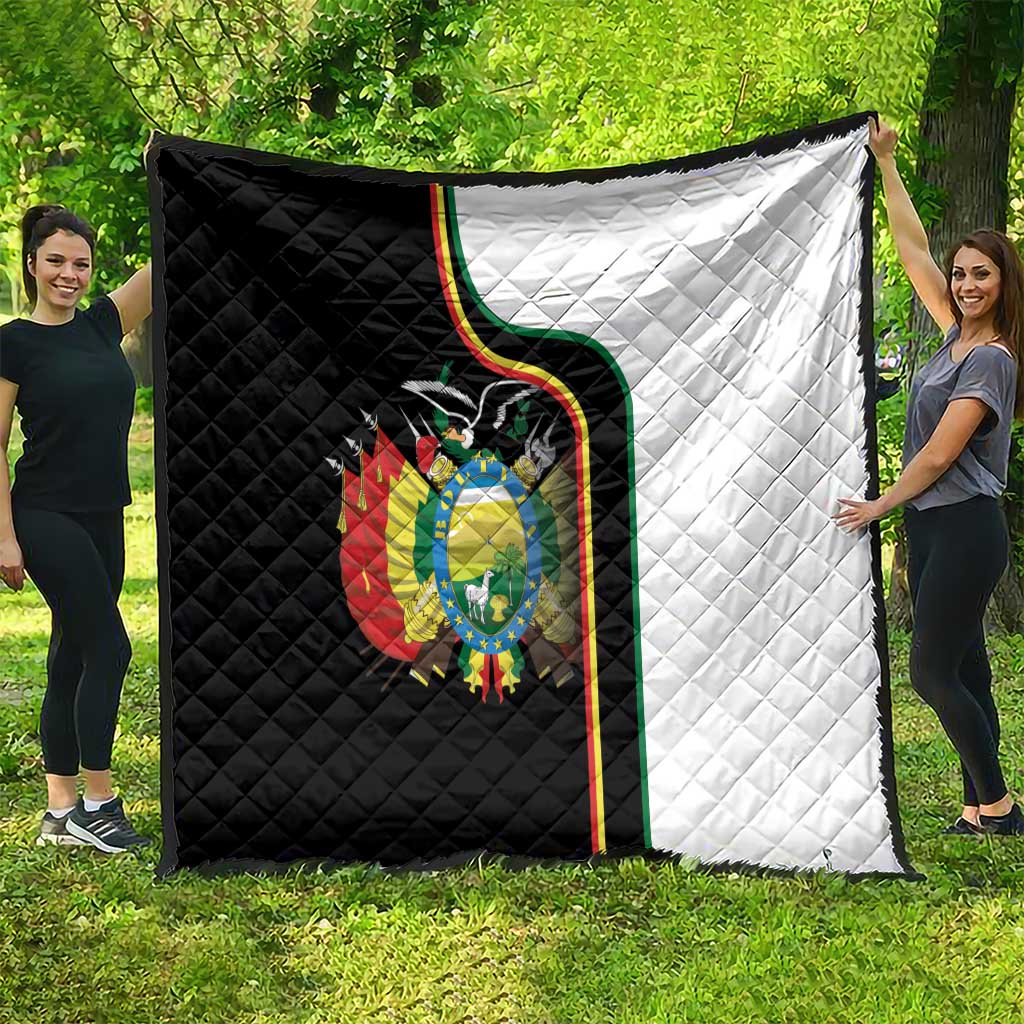 Reversible-style quilt with black left, white right, and Bolivia coat of arms crest.