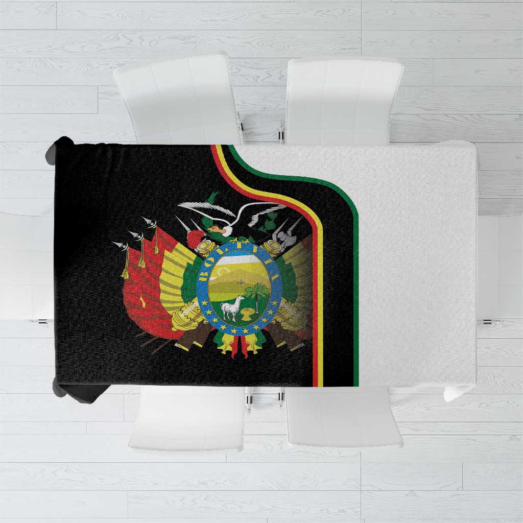 Black tablecloth with colorful Bolivia coat of arms border strip