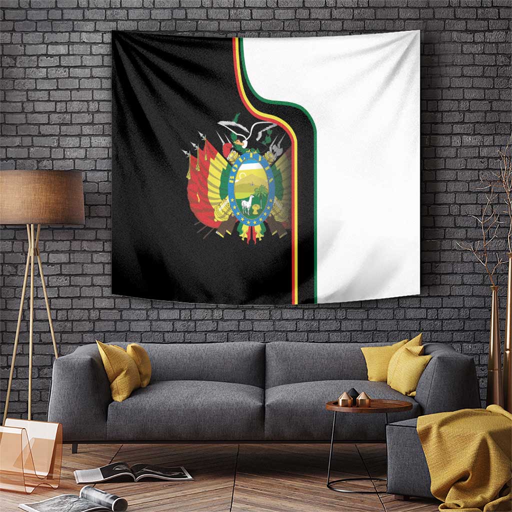 Bolivia coat of arms tapestry, black and white with green/gold border