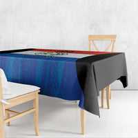 Paraguay flag style tablecloth with blue panel, red band, and black draped corners