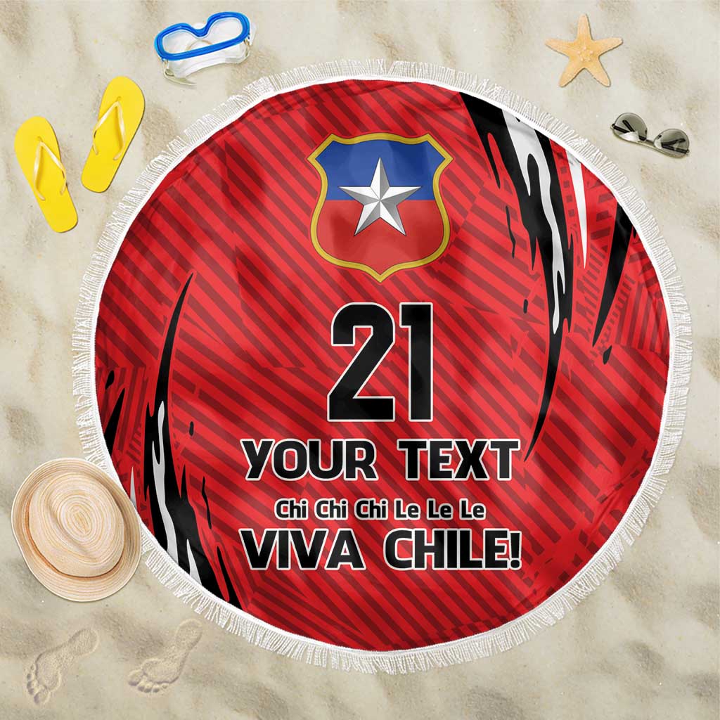 Red round beach blanket with fringe, Chile crest, '21' and custom text