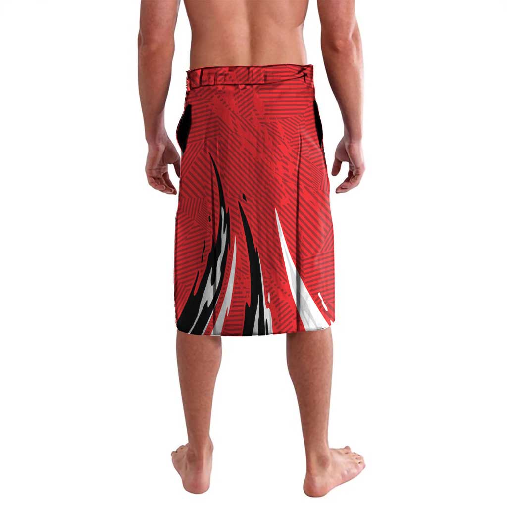 Red patterned sports shorts, back view with black emblem and side panels