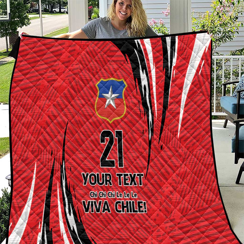 Red Chile-themed quilt with Chile flag emblem, bold number 21, and “VIVA CHILE” text