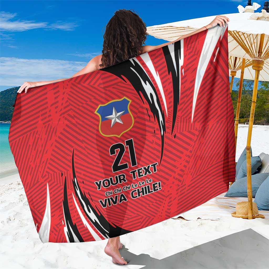 Red custom sarong with star crest, number 21, and Viva Chile text design