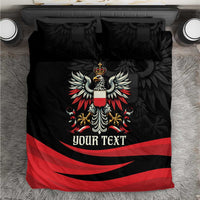 Black bedding set with Polish eagle crest, red stripes, and custom text