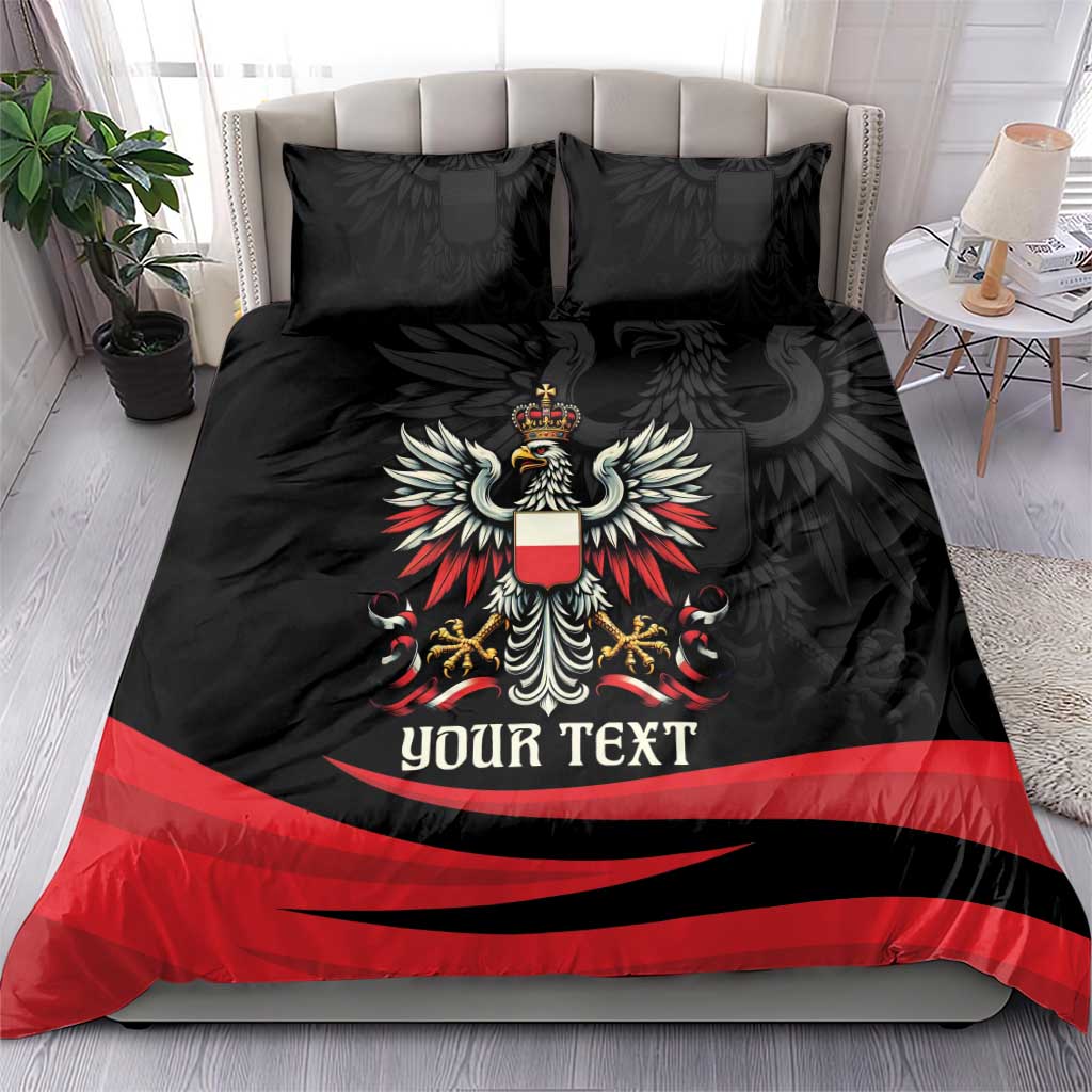 Black duvet and pillow set with Polish eagle crest, red banding, and custom text