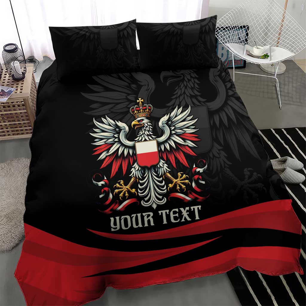 Black bedding set with large eagle crest, red diagonal stripes, and custom text