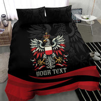 Black bedding set with large eagle crest, red diagonal stripes, and custom text