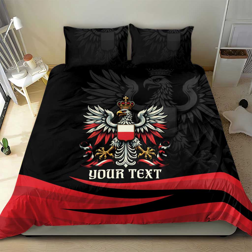 Black bedding set with centered eagle crest, red stripe band, and custom text