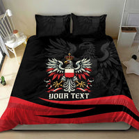 Black bedding set with centered eagle crest, red stripe band, and custom text