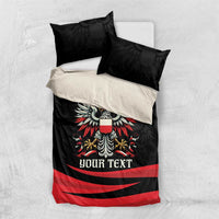 Black duvet bedding set with eagle crest, red stripes, and custom text on bed