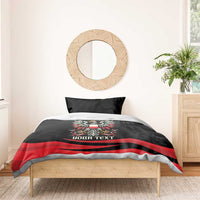 Black bedding set with Polish eagle crest and red stripe design, showing custom text