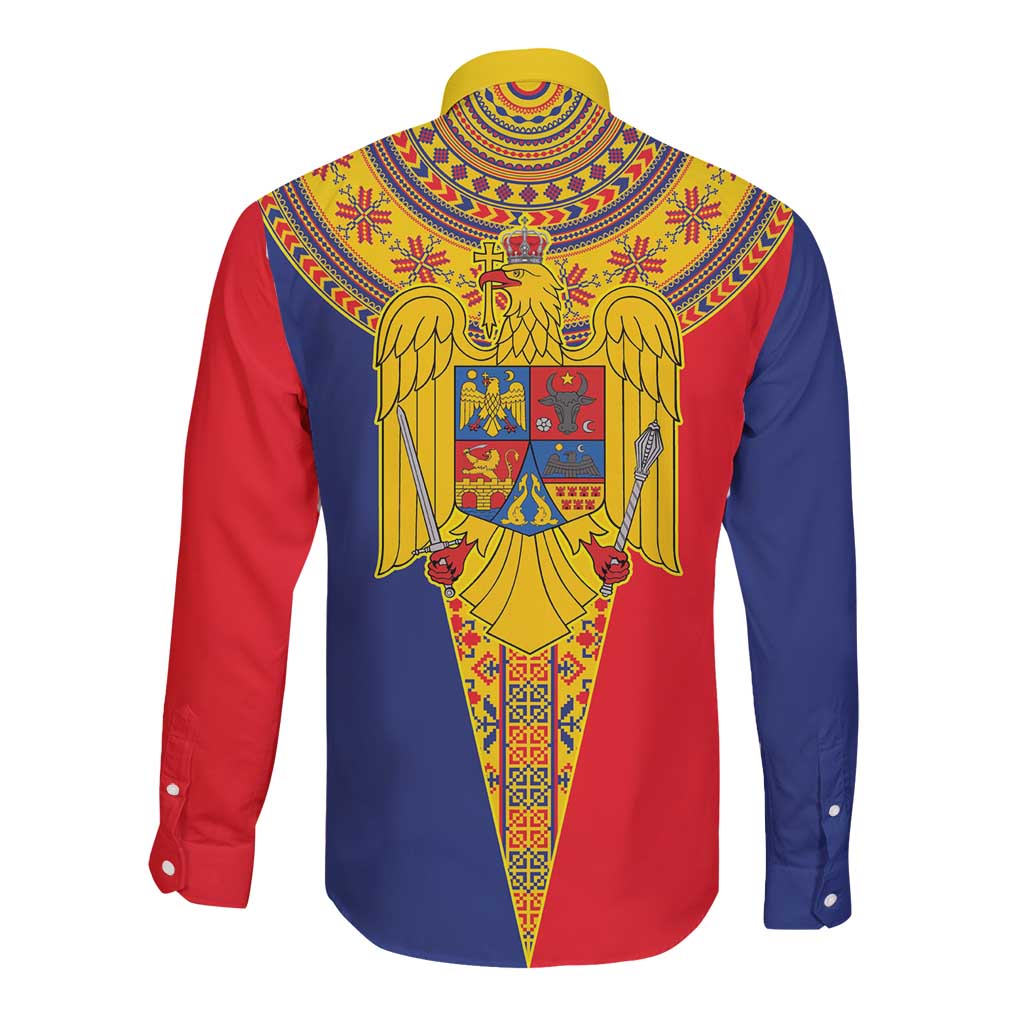 Romania Traditional Embroidery Pattern Long Sleeve Button Shirt