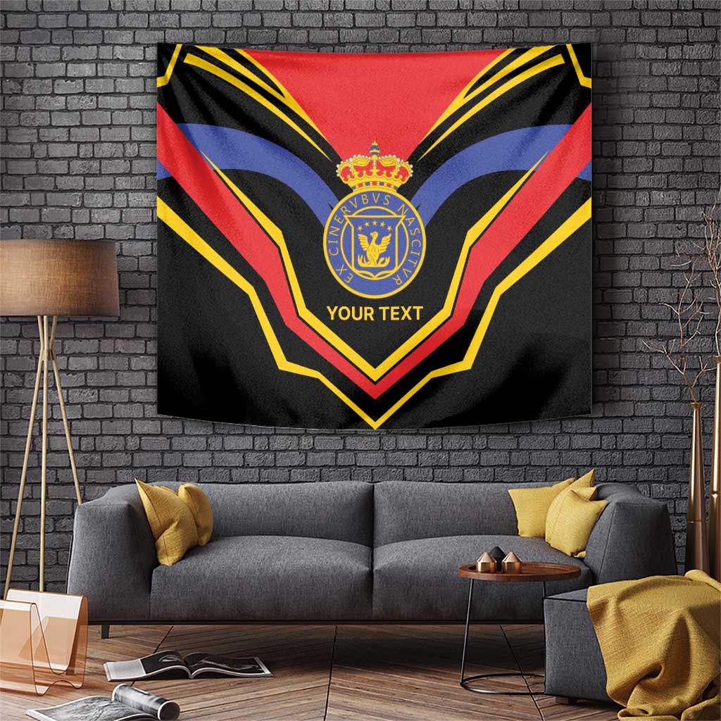Personalized wall tapestry with Haitian-style flag design, blue emblem, red and black bands