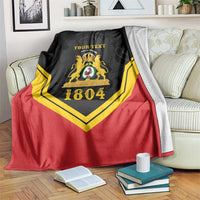 Black/red/yellow personalized throw blanket with crest, “YOUR TEXT” and 1804