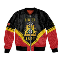 Black and red bomber jacket with zipper, Haiti crest graphic on front