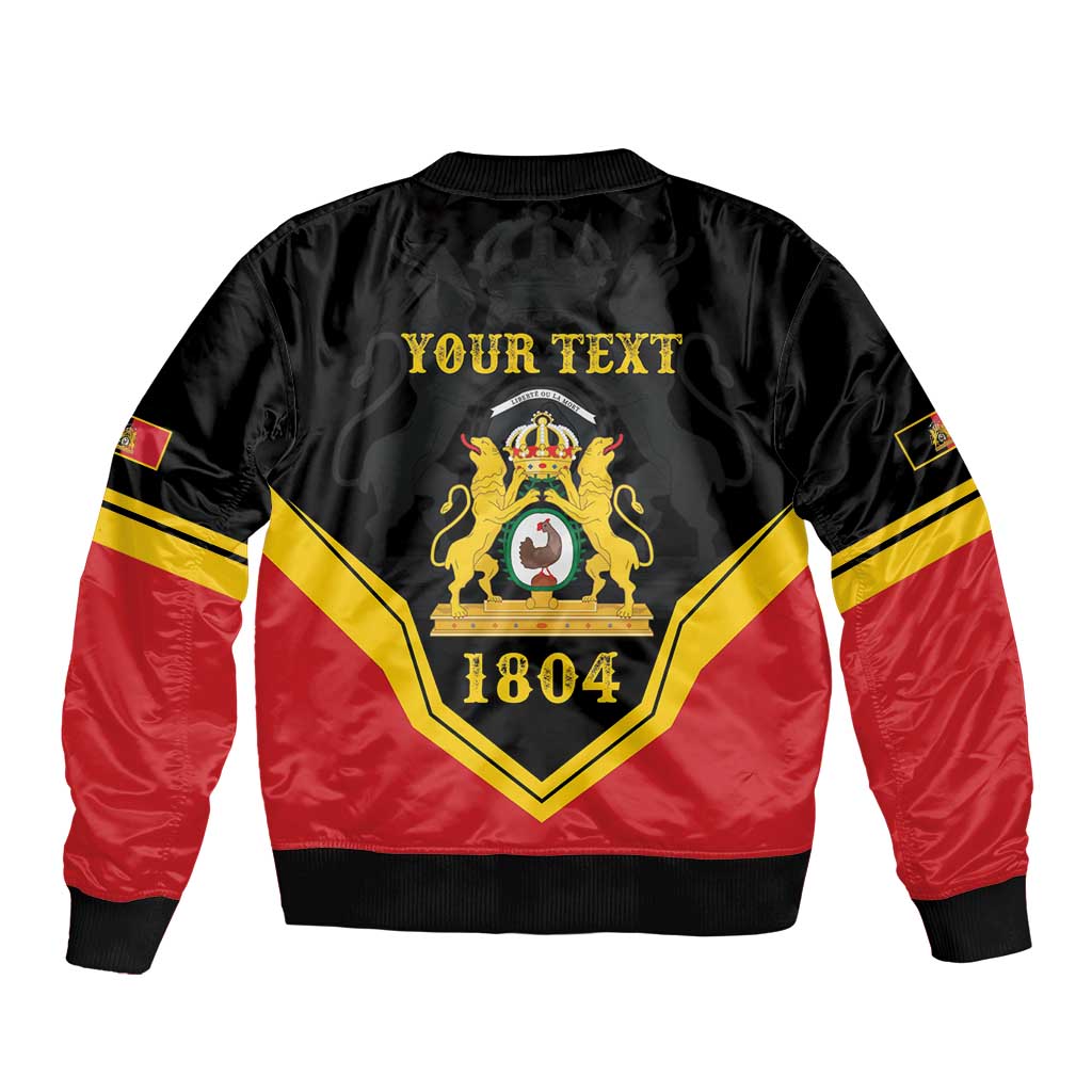 Black and red bomber jacket with zipper, 'YOUR TEXT' and crest graphic on back