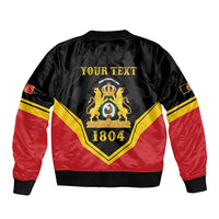 Black and red bomber jacket with zipper, 'YOUR TEXT' and crest graphic on back