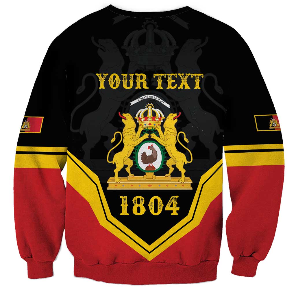 Unisex black sweatshirt with 'YOUR TEXT' and Haiti crest back graphic, red sleeves