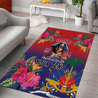 Personalized area rug showing 'HAITI' crest, 'YOUR TEXT', tropical flowers, and cannons