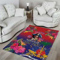 Personalized area rug with red border, tropical flowers, 'HAITI' text, and sail ship art