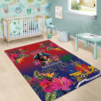 Personalized area rug in red and navy with tropical foliage, 'YOUR TEXT', and 'HAITI'
