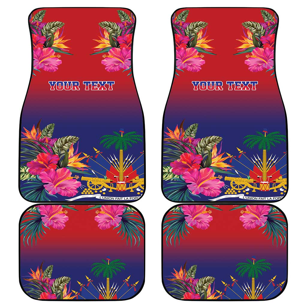 Set of four car mats with red-to-blue tropical floral pattern and "YOUR TEXT"