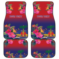 Set of four car mats with red-to-blue tropical floral pattern and "YOUR TEXT"