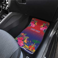 Front car mat with red tropical floral design, blue "YOUR TEXT" and decorative border