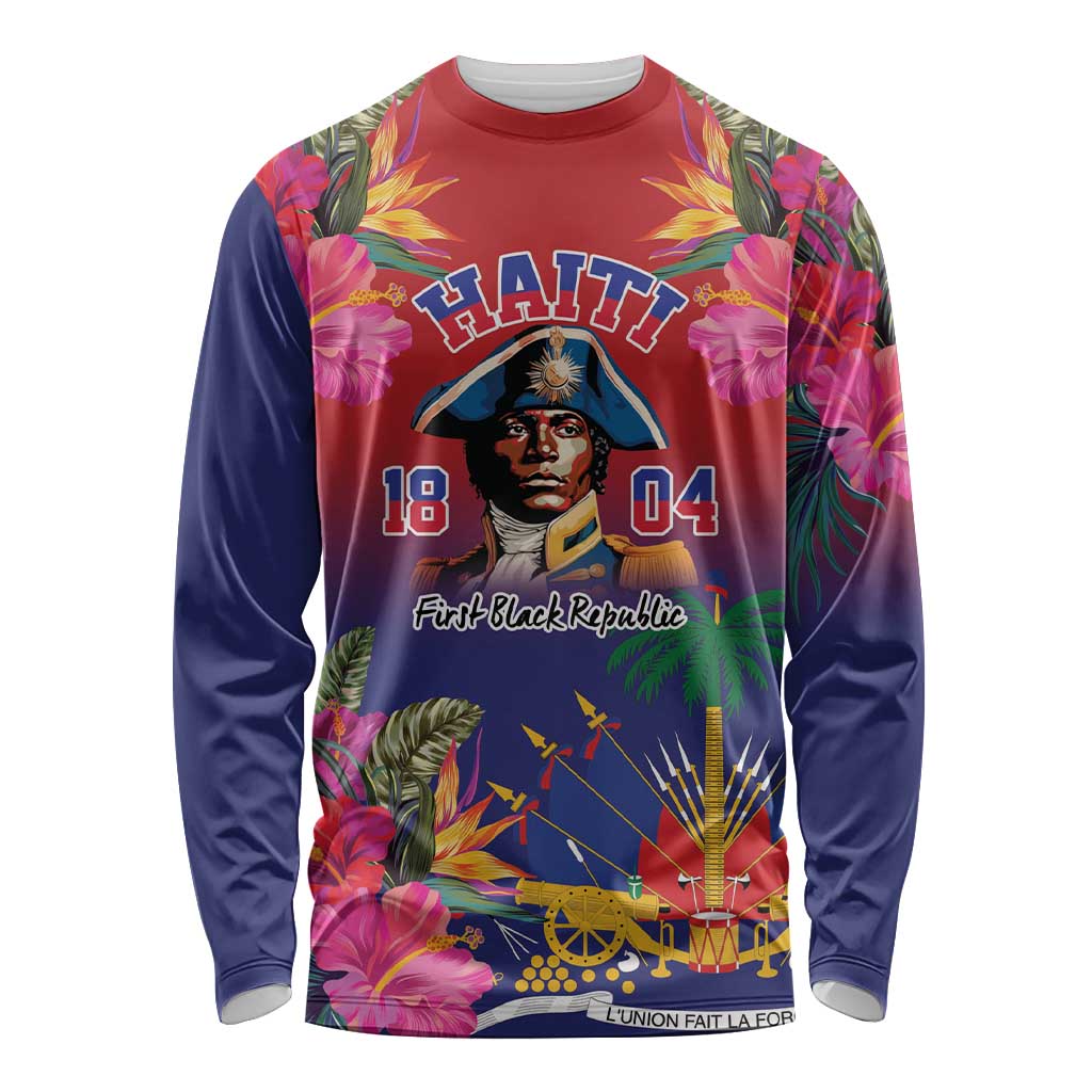 Unisex long-sleeve shirt with red front and navy sleeves, tropical floral print and portrait graphic