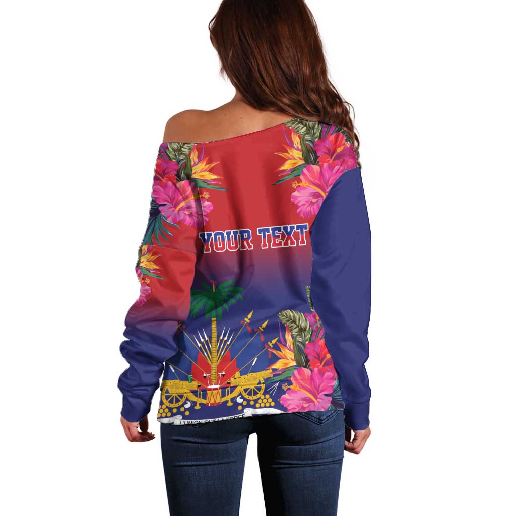 Off-shoulder sweater with red back panel, tropical flowers, and 'YOUR TEXT' print