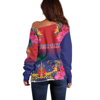 Off-shoulder sweater with red back panel, tropical flowers, and 'YOUR TEXT' print
