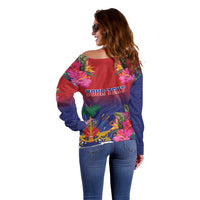 Off-shoulder sweater back view with red panel, tropical flowers, and 'YOUR TEXT'