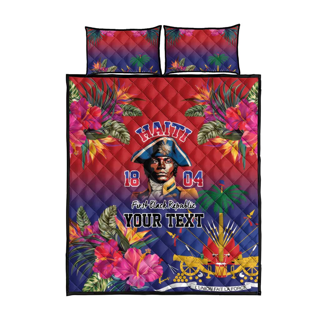 Personalized quilt bed set with matching pillowcases, tropical floral and 'YOUR TEXT' print