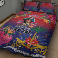 Haiti quilt bed set with red-blue quilt pattern, portrait graphic, 'YOUR TEXT' and numbers