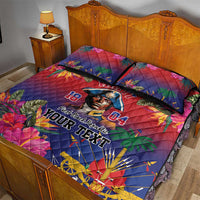Quilt bed set with two pillowcases, red and blue Haitian design, 'YOUR TEXT' across
