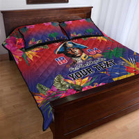 Bed quilt set with floral tropical print, red and navy tones, 'YOUR TEXT' and portrait