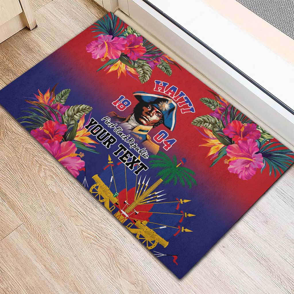 Tropical rubber doormat with floral border, portrait, and fan pattern graphic