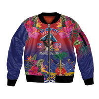 Unisex zip-front bomber jacket with tropical floral graphic and red, navy, and black trim