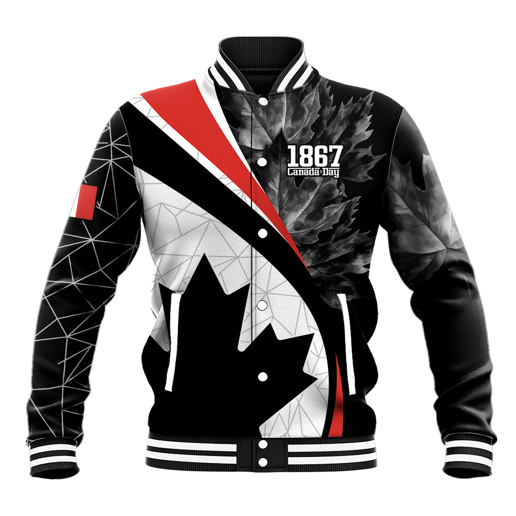 Black button-front baseball jacket with white geometric panels, red stripe, and maple leaf graphic